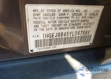 2000 Honda Civic Ex from USA, damaged, VIN 1HGEJ8645YL047984